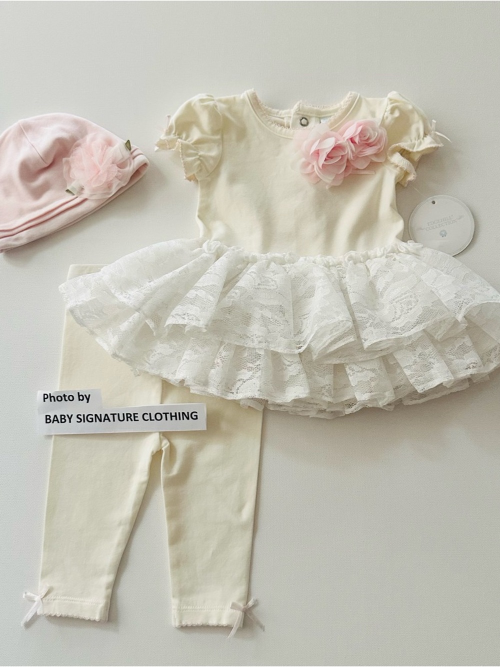 Edgehill Collection 3 Months Baby Girl Cream Pink Lace Dress Hat Legging Set NWT
